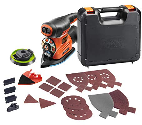 Black+Decker 4-in-1 Multischleifer (220W, mit Autoselect-Auswahl, werkzeuglosem Schleifplattenwechsel, mit Fingeraufsatz, im Koffer mit 17tlg. Schleifpapier-Zubehör-Set) KA280K