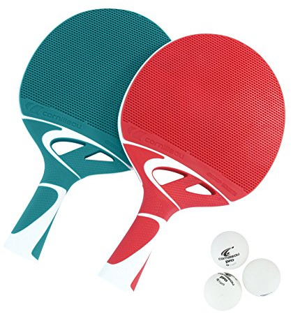 CORNILLEAU Tacteo Duo Set - 2 x Outdoor Tischtennisschläger + 3 Bälle - Wetterfest und Robust - Blau und Rot