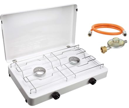 CFH Zweiflammkocher Capri ZK 421 – Camping Gaskocher 2-flammig mit 50 mbar Gasdruckregler & 80 cm Gasschlauch, 3,8 kW Leistung, 277 g/h Verbrauch, abnehmbarer Deckel & verchromter Rost, Made in Europe