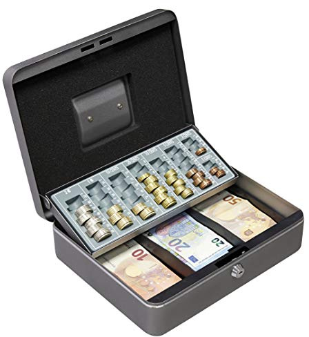 ARREGUI Cashier C9246-EUR Geldkassette mit Eurozähleinsatz und Scheineinsatz,Geldbox aus Stahl, 30cm breit, Geldkassette mit Münzzählbrett und Scheinfächern,Kasse mit Zählbrett für Münzen, Graphitgrau