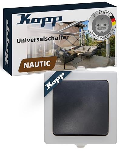 Kopp NAUTIC Universalschalter in Grau - 1-fach Lichtschalter-Aufputz mit 10AX Schaltvermögen - Sicherer IP44 Feuchtraum-Schalter-Aufputz - Hochwertiger Aus-Wechselschalter 250V~