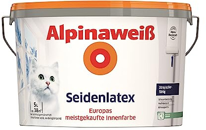 Alpinaweiß Seidenlatex in weißer Seidenglanz-Optik – strapazierfähige und atmungsaktive Wandfarbe – ergiebig, gut deckend & reinigungsfähig – 5 Liter