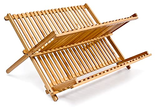 Relaxdays Abtropfgestell CROSS HBT 24,5 x 42 x 33 cm Abtropfgitter Bambus klappbar Geschirrabtropfer für Teller und Tassen als Geschirr Abtropfkorb und Holz Geschirrkorb, natur, 10014073, Braun, Abtropfgestell Bambus