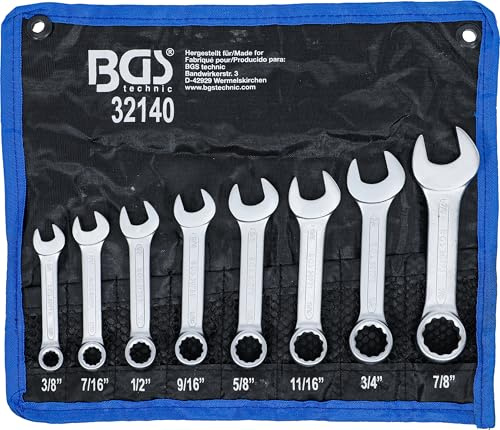 BGS 32140 | Maul-Ringschlüssel-Satz | 8-tlg. | extra kurz | Zollgrößen | SW 3/8 - 7/8 | inkl. Tetron-Rolltasche | Gabelringschlüssel