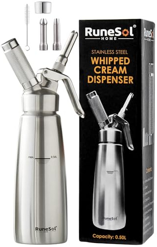 Runesol Sahnespender Edelstahl 500ml, Auslaufsicherer Einfach Reinigen Sahnesyphon, Professionelle Sahnesprüher für Desserts, Schlagsahne mit 3 Deko-Düsen, Schlagsahnebereiter, Whip Cream Dispenser