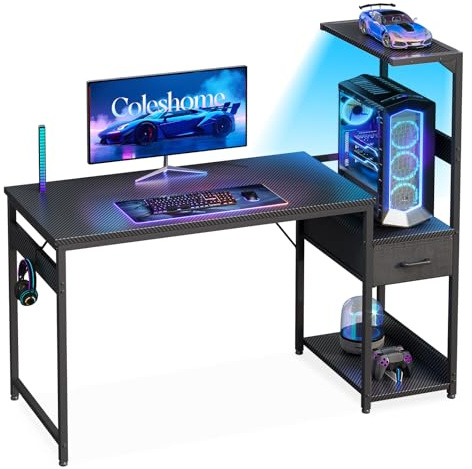 Coleshome Gaming Tisch mit LED, Schubladen und Regal, 120 × 48 cm, Schwarz | Umkehrbarer Gaming Schreibtisch mit Schubladen aus Stoff, Computertisch mit Stauraum und Kopfhörerhalterung