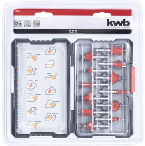 kwb 12-tlg. HM-Oberfräser-Set, Ø 8 mm | Präzisionsgeschliffene Schneide | hartmetallbestückt | präziser Spannschaft | optimierte Schneidengeometrie