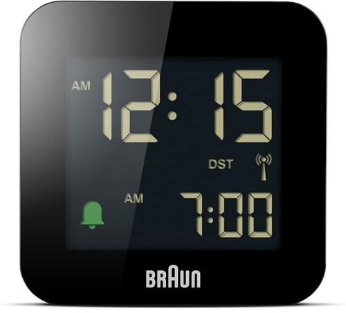 Braun Digitaler Reisewecker Mitteleuropäische Zeitzone (MEZ) mit Schlummerfunktion, kompakte Größe, Negatives LC-Display, Crescendo-Alarm in Schwarz, Modell BC08B-DCF.