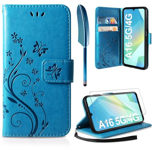 AROYI Lederhülle Kompatibel mit Samsung Galaxy A16 5G Hülle und Schutzfolie, Flip Wallet Handyhülle PU Leder Case Kartensteckplätzen Schutzhülle Kompatibel mit Samsung Galaxy A16 5G Blau