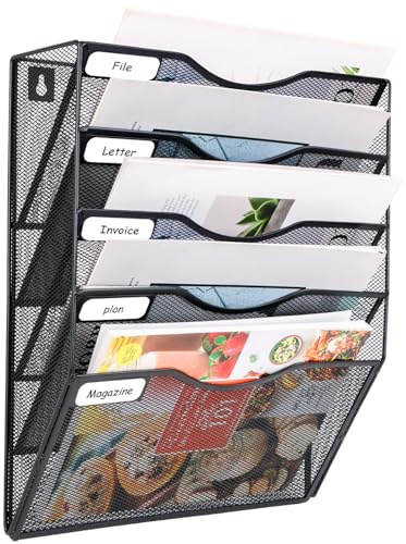 FoiiLiio 5 Fächer Metall A4 Zeitschriftenhalter Wand Zeitschriften Wandhalter Dokumentenhalter Hängend Büro Wandablagefächer Magazin Organizer Flyerhalter Prospektspender mit Etiketten Design
