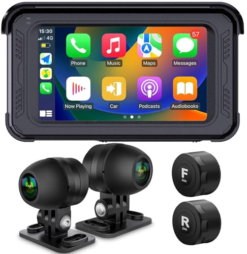 ydi wasserdichte Motorrad Dashcam mit Kabelloses CarPlay und Android Auto, 5'' IPS Touchscreen, HD1080P Kamera Vorne und Hinten, TPMS, Bluetooth, Wi-Fi, GPS, Maximal bis zu 256GB