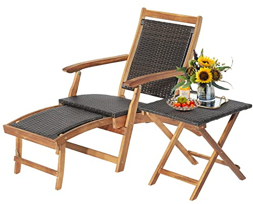 GOPLUS 2 in 1 Sonnenliege klappbar, Deckchair mit Beistelltisch, aus Akazienholz & Ratten bis 160kg belastbar, Rattenliege mit Fußstütze, Gartenliege Liegestuhl wetterfest für Garten Balkon Terasse