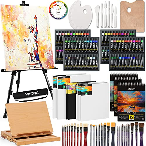 VISWIN Professionelles All-in-One Malset mit Tischstaffelei und Aluminium Staffelei, 96 Acrylfarben, Aquarell & Ölfarben Set, Leinwände, Mal Set für Erwachsene, Künstler, Anfänger