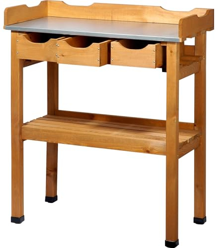 dobar® 29030e Pflanztisch mit 3 Schubladen | Gärtnertisch mit Ablageboden | Umtopftisch Kiefernholz | Blumentisch Massivholz | Gartentisch Outdoor | Verzinkte Arbeitsplatte | 80 x 40 x 90 cm | Braun