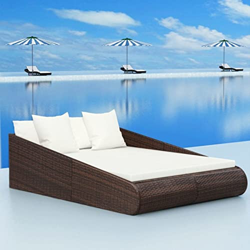 Yolola Polyrattan Sonnenliege — XXL Outdoor Doppelliege mit Polster Kissen waschbar — Liege für Garten & Balkon — Gartenliege Sonneninsel Gartenbett Braun