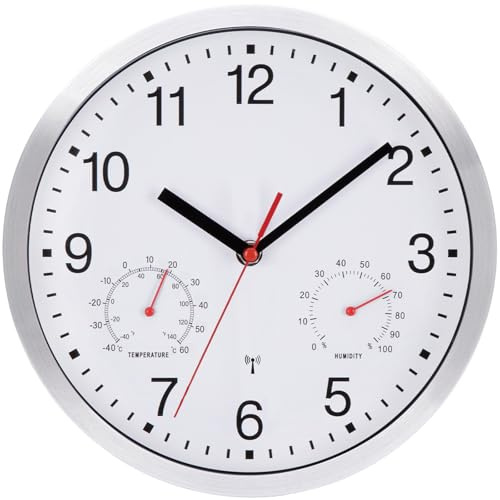 NESIFEE Funkwanduhr Geräuschlos Funkuhr Wand Lautlos Wanduhr Funk Ohne Tickgeräusche Uhr mit Temperaturanzeige und Feuchtigkeitsmesser Leis Kein Ticken Weiß gut Lesbar für Wohnzimmer Büro Küche