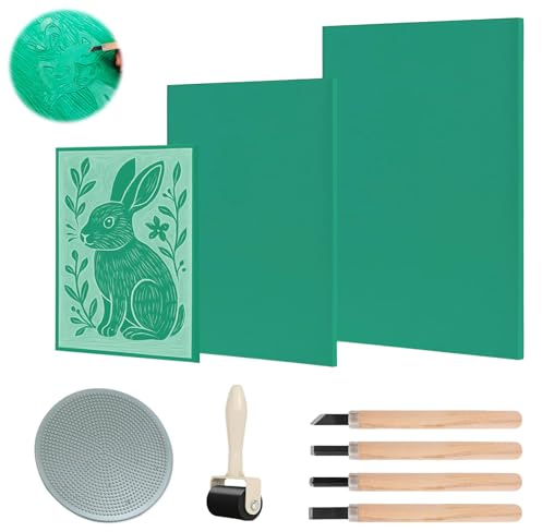Linoleum Platten 9Stk Linoldruck Set Weichgummi Linoldruck Platte Linolschnitt Werkzeug Stempelgummi A4 A5 A6 Präzises Drucken Linolplatten für Druckgrafiken Kunsthandwerk DIY