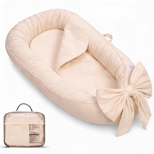 EAQ Babynest Nestchen Baby Weiches Atmungsaktives Babybett für Neugeborene Geschenk Baby Erstausstattung Neugeborene (Schleife beige)