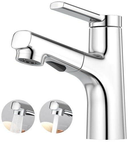 CREA Waschtischarmatur Badezimmer mit Brause ausziehbar, Einhebelmischer Armatur Wasserhahn Bad für Waschbecken polierter Chrom