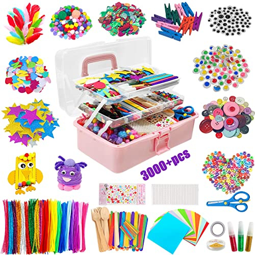 Withosent 3000+ Bastelset für Kinder 4-12 Jahre, DIY Bastelsachen mit Box | Kreative Kinderbastelkoffer, Bastelbox Bastelzubehör Pfeifenreiniger, Eis am Stiel, Pompons, Perlen, Scrapbooking