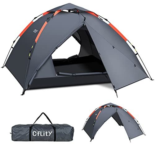 Cflity Camping Zelt, 3 Personen Instant Pop Up Wurfzelt Wasserdicht DREI Schicht Automatische Kuppelzelt, Große 4 Jahreszeiten Zelte mit Rain-Fly 2 Erweiterbare Veranda