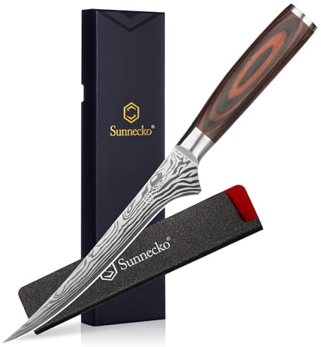 Sunnecko 15cm Filetiermesser Küchenmesser, Fischmesser Profi Messer - Fleischmesser mit scharfe Klinge, Ausbeinmesser Edelstahl mit Pakkaholz Griff in Geschenkbox