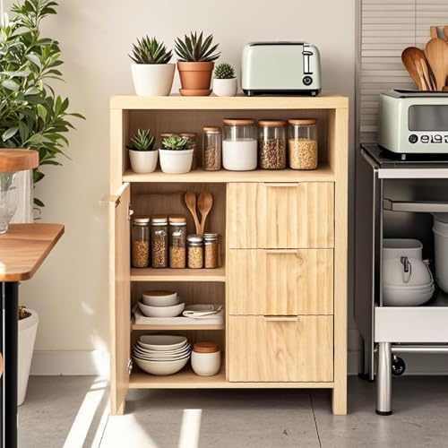 Bonnlo Badezimmerschrank Badkommode mit 3 Schubladen & Regalen & offenes Fach, Badschrank geriffelter Aufbewahrungsschrank Sideboard für Wohnzimmer, Bad, Küche, Schlafzimmer 60x30x80cm Eichenfarben