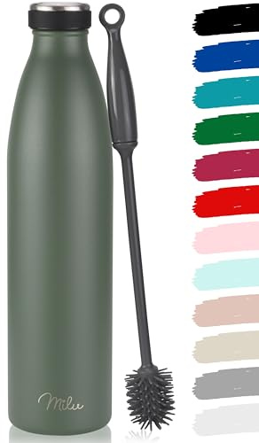 Milu Edelstahl Trinkflasche 350ml, 500ml, 750ml, 1L, 1.5L Thermosflasche, Isolierte Wasserflasche, Auslaufsichere Isolierflasche doppelwandig, Kohlensäure geeignet + Reinigungsbürste (Olivgrün, 1.5L)