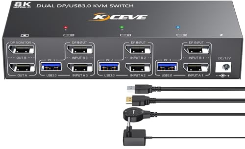 YOUTINGHDAV USB 3.0 KVM Switch 3 PC 2 Monitore Displayport 4K@144Hz | KVM Switch Dual Monitor Displayport 1.4 für 3 PC und Maus Tastatur, mit Wired Remote