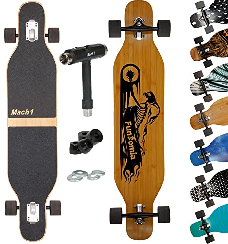Mach1 Bambus Longboard mit Keramik Kugellager + T-Tool - Skateboard Drop Through Cruiser Komplettboard (Ghost)