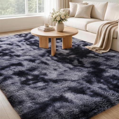 Kuscheliger Hochflor-Teppich für Wohnzimmer Schlafzimmer|Schwarz 120x180cm | FVVRAX Tie-Dye Shaggy Teppich–Weicher Hochflor Teppich mit Anti-Rutsch-Unterseite| Kuscheliger Teppich für Kinder & Haustiere