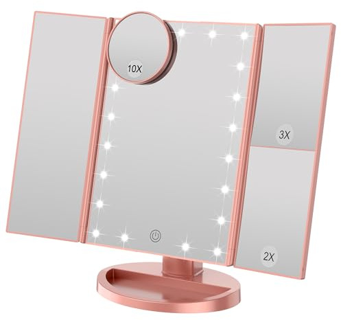 WEILY Schminkspiegel mit Beleuchtung, Faltbarer Kosmetikspiegel mit 3X/2X/1X Vergrößerung, 21 natürliche LED Lichter, Batteriebetrieben Order USB Aufladen dimmbarer Makeup Mirror (Rosengold)