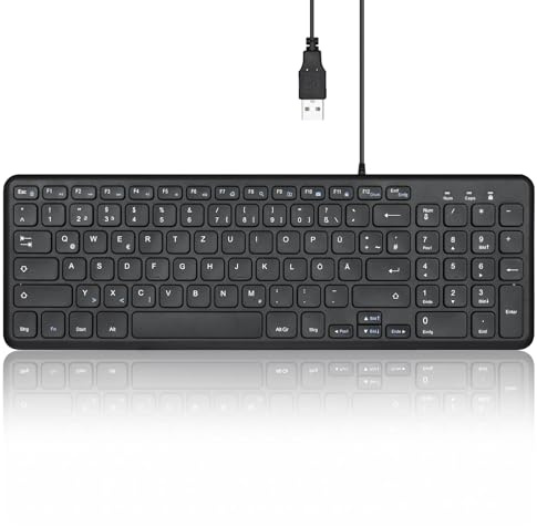 Perixx PERIBOARD-213 DE Kabelgebundene Kompakte USB Tastatur mit leisen Scherenstrukturtasten für Computer, Ziffernblock, Laptop und Tablet, Schwarz, QWERTZ