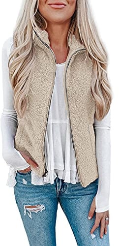 Raphin Weste Damen Outdoor Casual Leicht Ärmellos Daunenjacke Damen Einfarbig Elegant Mode Kunstfell Weste Mit Taschen(Khaki,L)