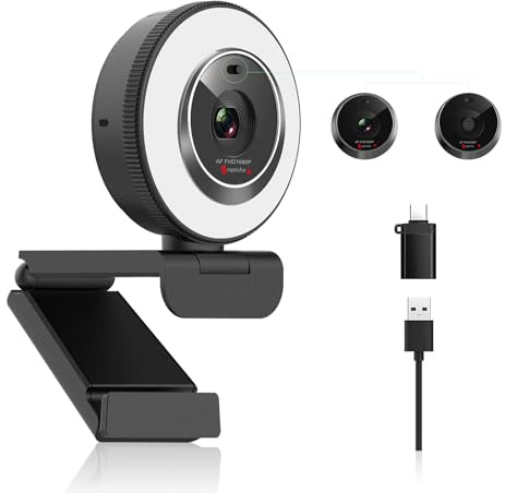 Angetube Webcam für PC, 1080P/30fps USB-Kamera mit Ringlicht & Sichtschutz | Autofokus, Computer Camera with Mikrofon, Plug & Play - Web Cam für Zoom/Teams/Skype, Laptop & Desktop