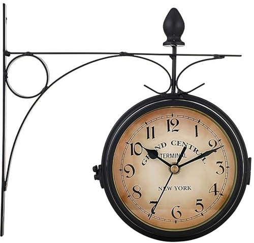 Retoo Bahnhofsuhr Doppelseitig, Bahnhofsuhr Wetterfest, Retro Zweiseitige Wanduhr Schwarz, Eisen Retro Wanduhr, Dekorative mit Halterung, Outdooruhr, Vintage