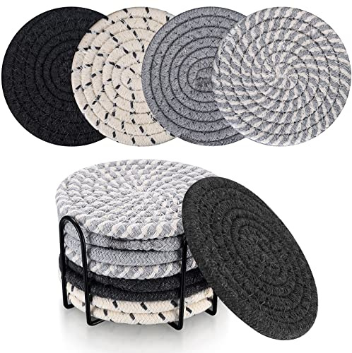 8 STK Untersetzer Gläser, Glasuntersetzer Rund für Gläser, Tassenuntersetzer mit Halter, Getränkeuntersetzer, rutschfest Tischuntersetzer Geflochtenes Baumwolle für Getränke Tassen Glas Coasters