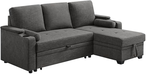 VASAGLE Schlafsofa, Schlafcouch, Bettsofa mit Stauraum, Polstermöbel, Bezug aus Baumwoll-Leinen-Mischgewebe, Becherhalter, modern, Gästezimmer, grau LCS801G01