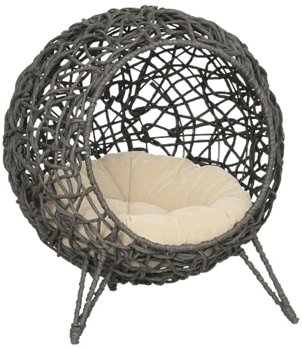 PawHut Katzenhaus aus Rattan mit Kissen Katzenhöhle Ø52 x 58 cm Silbergrau | Katzenschlafplatz, Mit Erhöhten Füßen