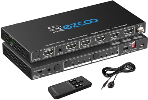 HDMI Matrix 4 in 2 Out 4K 60Hz 4:4:4 ARC HDR D-olby Vision Atmos SPDIF 5.1CH Breakout 3.5mm Stereo HDCP2.2- PC Console 16 EDID HDMI Scaler 4K 1080P Sync, HDCP2.2 HDMI2.0 Matrix 4x2 IR Remote