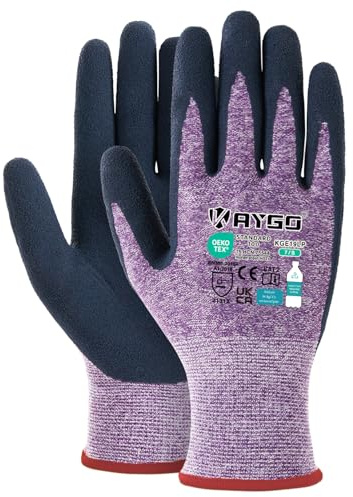 KAYGO 3 Paar Arbeitshandschuhe für Damen Atmungsaktiv Latex Beschichtete Frauen Gartenhandschuhe aus recyceltem Polyester, umweltfreundliche Schutzhandschuhe für Haus- Gartenarbeit (Lila, S, Gr 7)