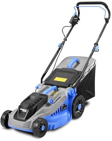 KANWOD Elektro Rasenmäher, 1600 W, 38 cm Schnittbreite, 5-stufige Schnitthöhenverstellung 30-75 mm, 42 L Grasfangkorb, 3400 U/min, empfohlen für Rasenflächen bis 1000 m², Grau/Blau