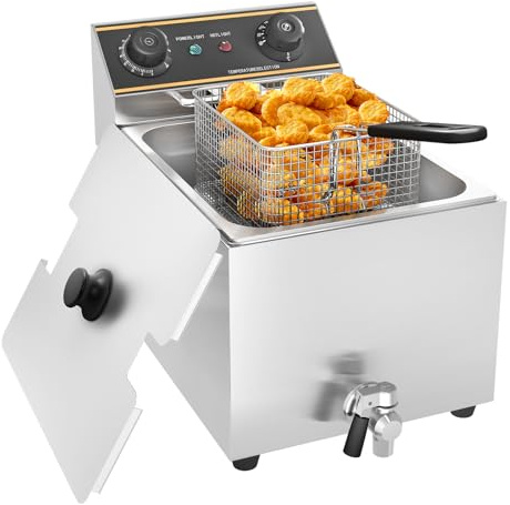MOOTACO Elektrische Gastro Fritteuse Friteuse Edelstahl, 6L Behälter, Professionelle Elektro Fritteuse Gastro, mit Fettablaufhahn und Zeitschaltuhr