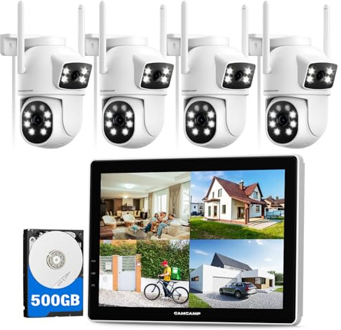 Camcamp Überwachungskamera Set Außen WLAN mit Monitor, 4X 2K Dual-Lens | 4 Doppelobjektiv-PTZ-Kameras, 10CH NVR mit 500 GB HDD, kein Abo, 24/7-Aufzeichnung, Auto-Tracking und Farbnachtsicht