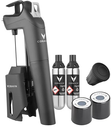 Coravin Timeless Three+ Weinkonservierungssystem | Einfach zu Bedienen & Schützt Wein vor Oxidation für 2+ Jahre | Inkl. 2 Reine Argon-Gas-Kapsel, Schwarz