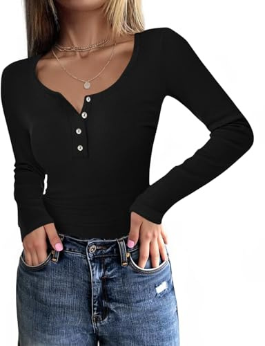 Fessceruna Damen Langarmshirt U-Ausschnitt Slim Fit Oberteil Longsleeve Shirt Basic Geripptes Pullover mit Knöpfen