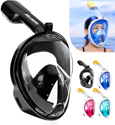 HINATAA Schnorchelmaske, 180° Vollgesicht, Tauchmaske, freies Atmen, Anti-Beschlag- und Anti-Leck-Technologie mit verstellbaren Kopfbändern für Erwachsene, Jugendliche, Kinder (Schwarz, L-XL)