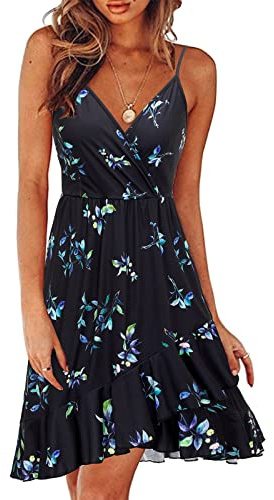 ULTRANICE Damen Sommerkleider Blumenmuster Kleid V-Ausschnitt Strandkleid Verstellbaren Spaghettiträger Rüschen Kleider