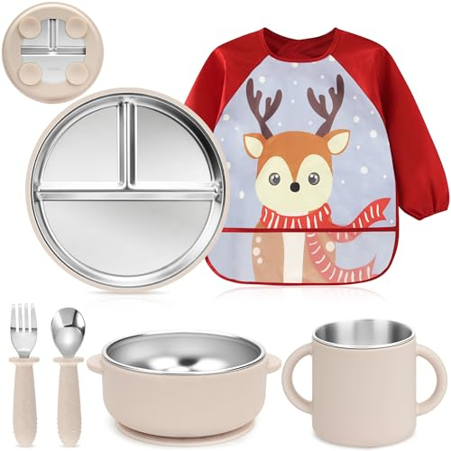 MOJINL Baby Geschirrset Edelstahl mit Saugnapf, 6 Stück Edelstahl Kindergeschirr Set mit Babyteller, Trinklernbecher, Baby Lätzchen mit Ärmeln, Baby Löffel Gabel Schüssel, BPA Frei (Beige)