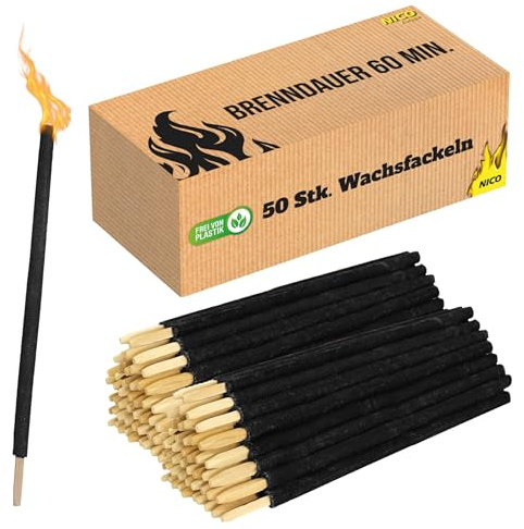 Nico Feuerwerk® 50 Stück Wachsfackeln, Brenndauer 60 Min. I hochwertige Fackeln aus Wachs mit Handschutz I Garten-Fackel für Outdoor Party, Event, Nacht-Wanderung